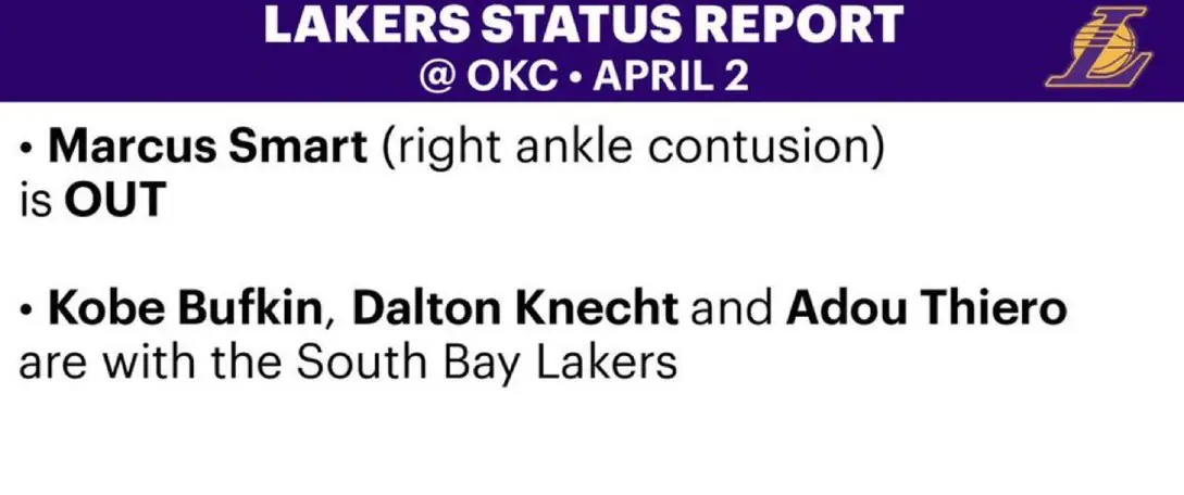 湖人官方更新了明日对阵雷霆的伤病报告：马库斯-斯马特（右脚踝挫伤）：缺阵科比-巴