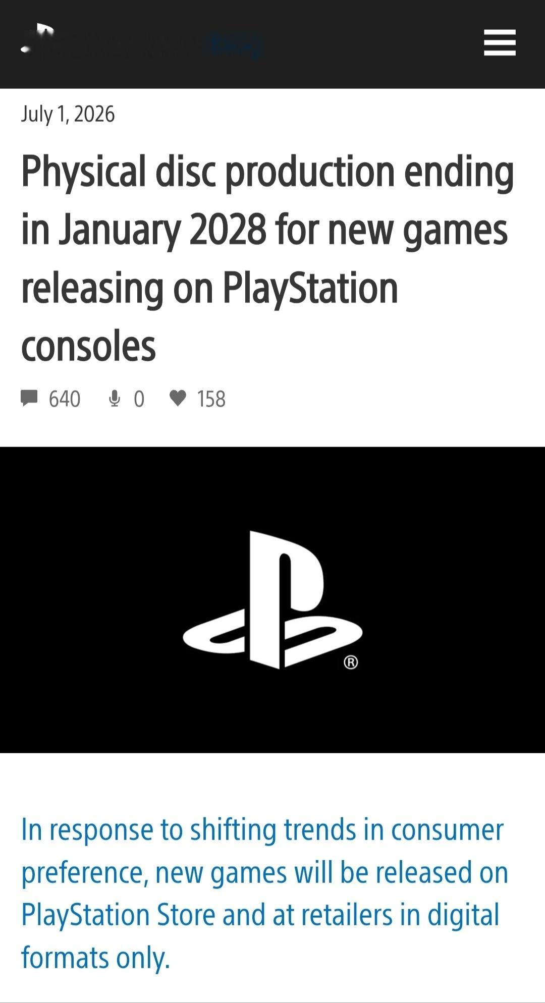 PS游戏实体光盘2028年1月停止生产PlayStation.Blog最新文章表