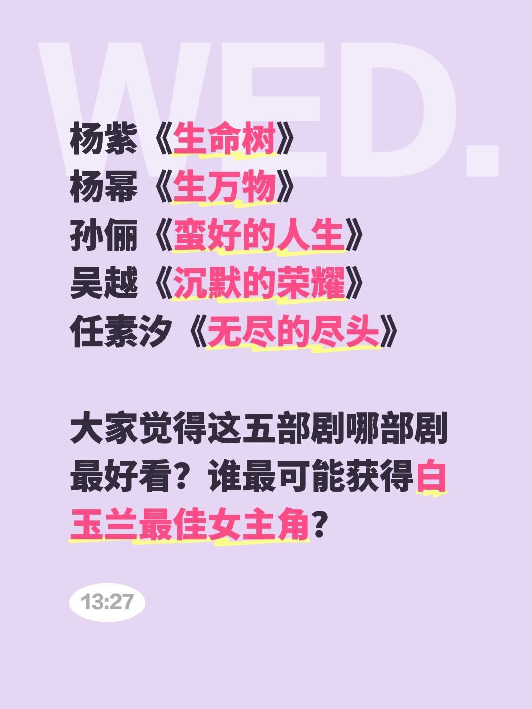 杨紫《生命树》
杨幂《生万物》
孙俪《蛮好的人生》
吴越《沉默的荣耀》
任素汐《