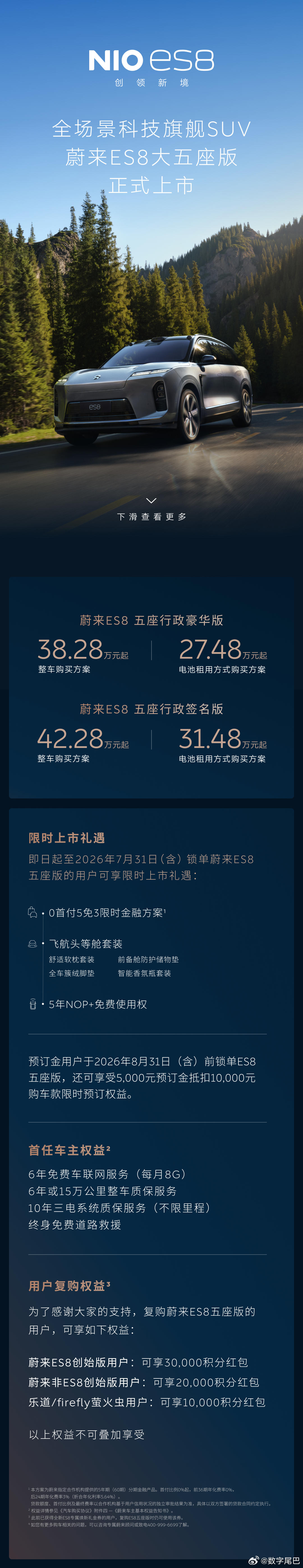 售价38.28万元起，蔚来ES8大五座版正式上市租电的话才 27.48 万起，这
