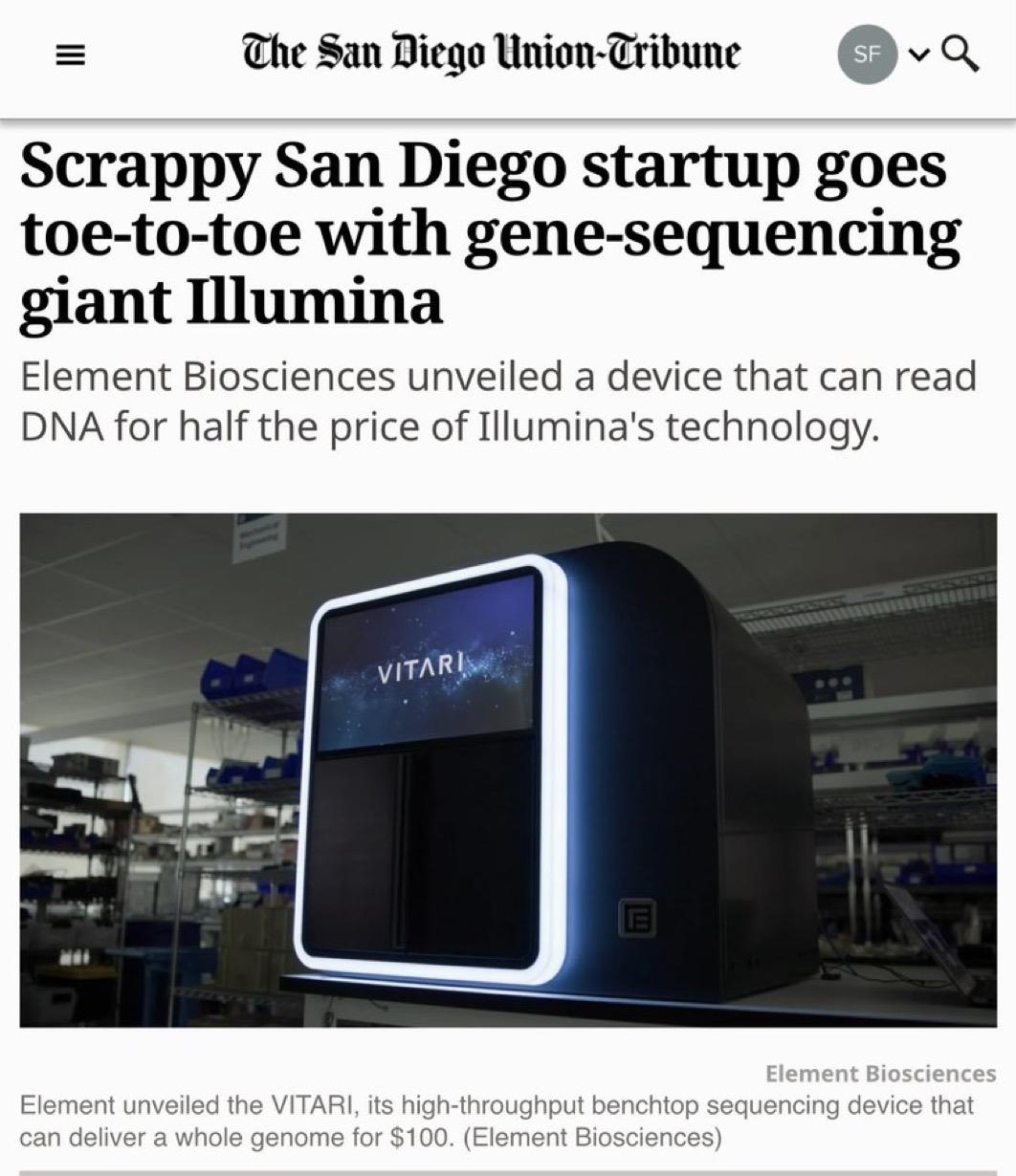 美国加州圣地亚哥新创生物技术公司Element生物科学公司新推出的案头测序仪将测