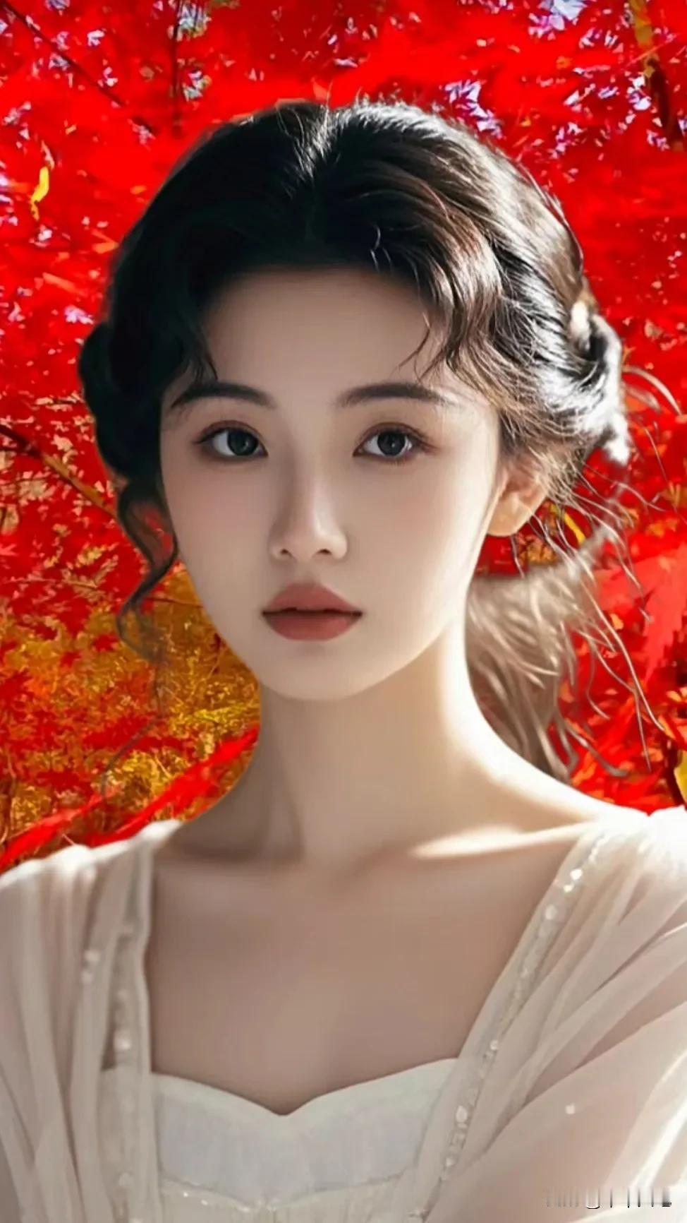 红叶下的少女仿佛自带一种柔美。红叶与少女，一个是自然的绝美馈赠，一个是人间的灵动