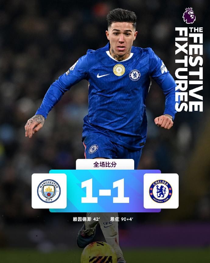 全场比分 | 曼城 1-1 切尔西

⚽第42分钟，赖因德斯弧顶抢下球突破到禁区