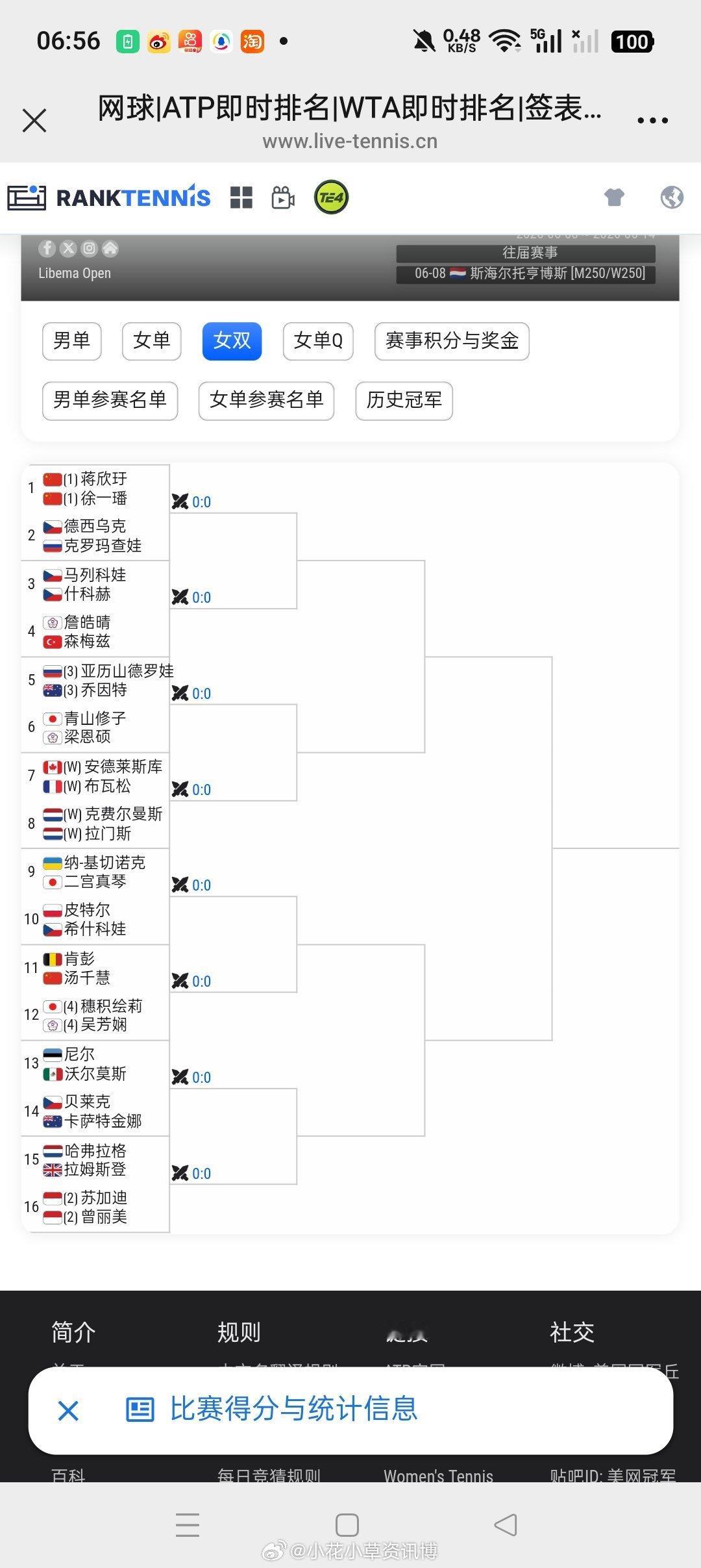 小花小草资讯  【WTA250🇳🇱斯海尔托亨博斯】女双签表🇨🇳蒋欣玗/?