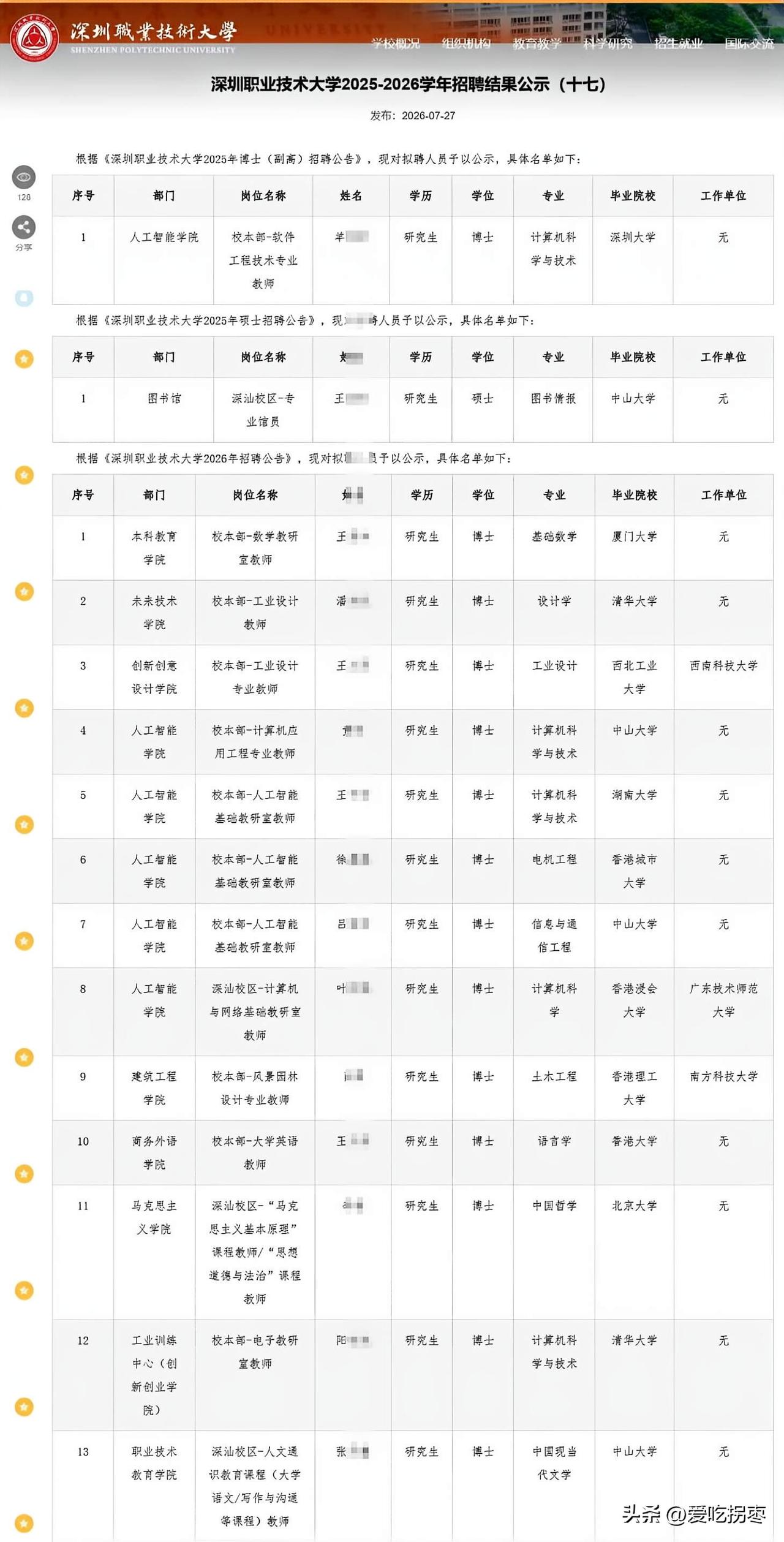 深圳职业技术大学2026年招聘公示28人，教师（除体育教师外）都是清一色的博士，