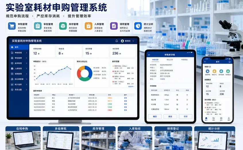 实验室耗材申购管理系统。系统集耗材申购、分级审批、采购入库、库存预警、领用登记、