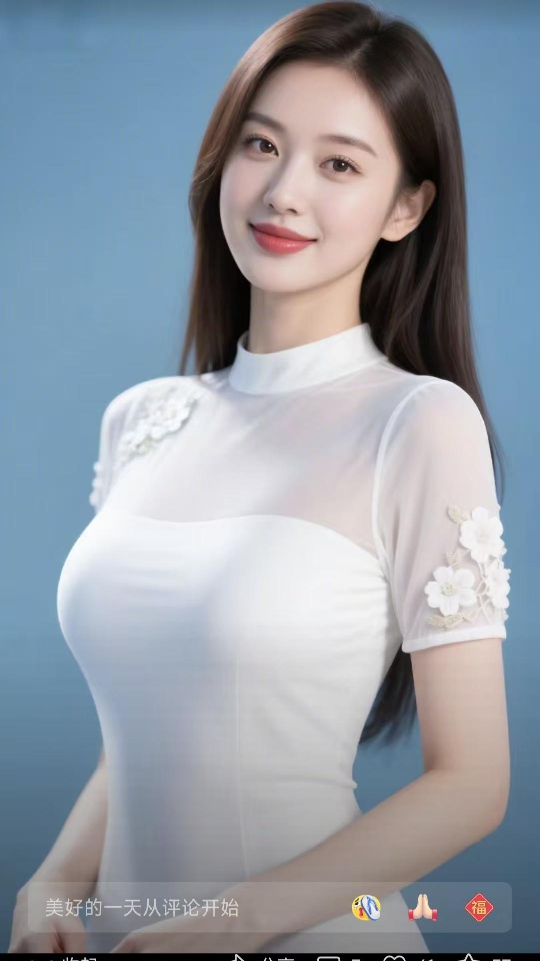 山坡羊·素白裙韵
素白裙俏，
蓝底相照，
薄纱绣缀风姿妙。
眼含娇，韵如潮，
岁