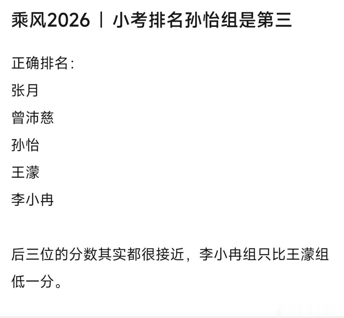 浪姐五公小考排名：张月曾沛慈孙怡王濛李小冉后三位的分数其实都很接近，李小冉组只比