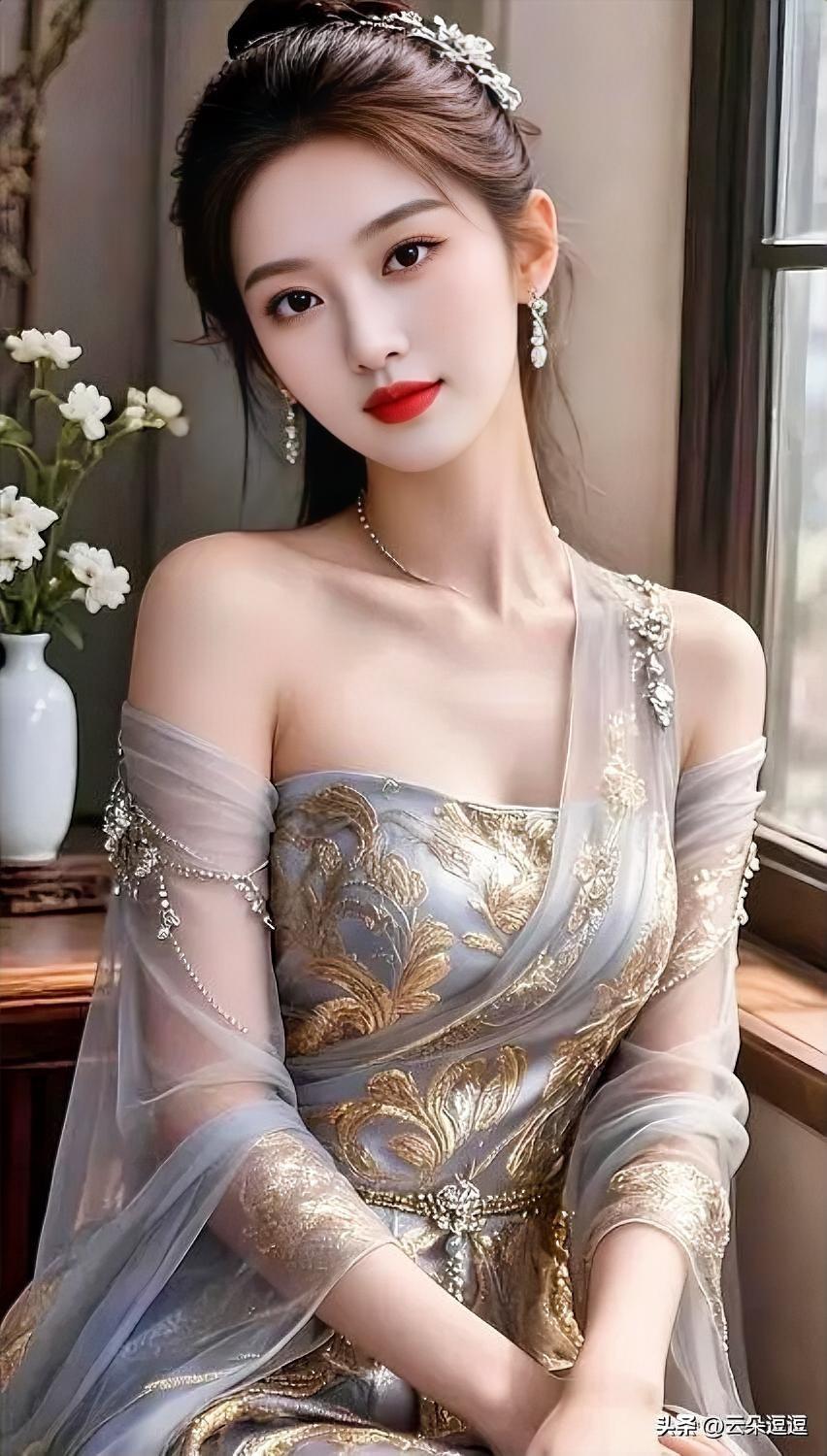 优雅古风，红唇佳人，复古发饰，唯美气质