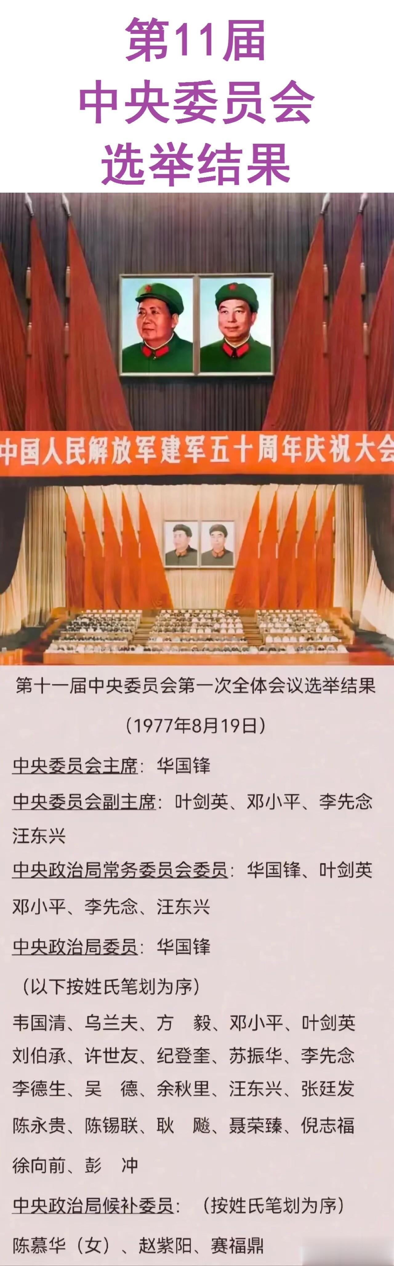 华国锋同志担任主席的第十一届中央委员会人员一览。

这届委员会是在1977年8月