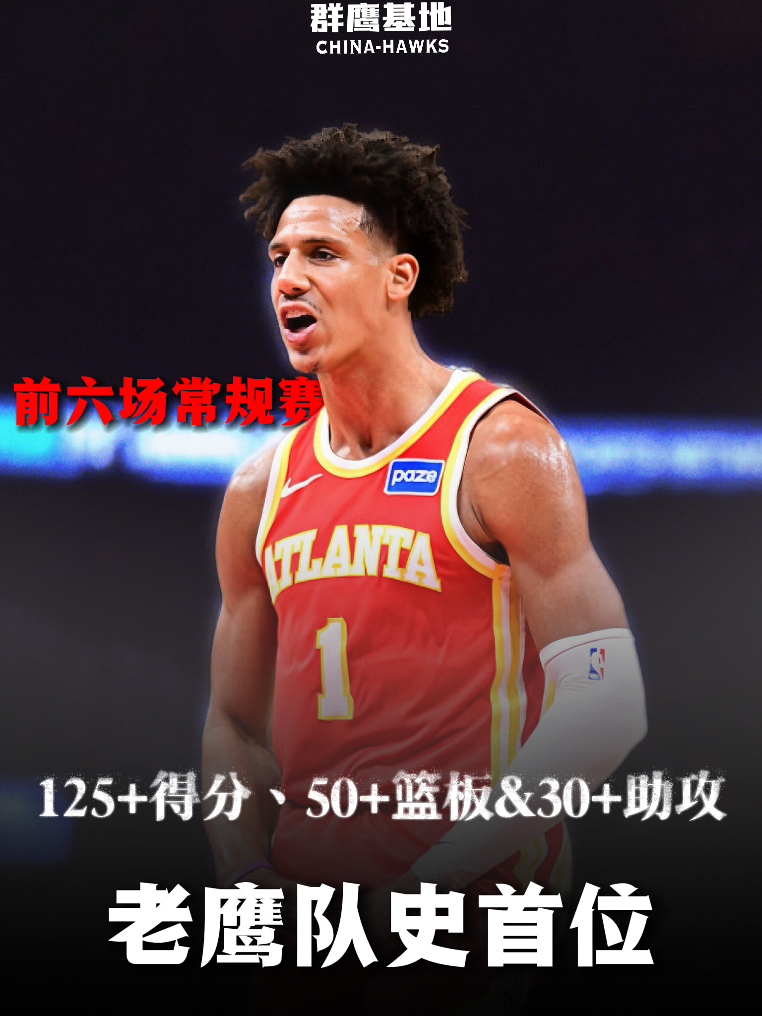 【老鹰队史首人】杰伦·约翰逊成为队史首位常规赛开季六场狂斩125＋得分、50＋篮