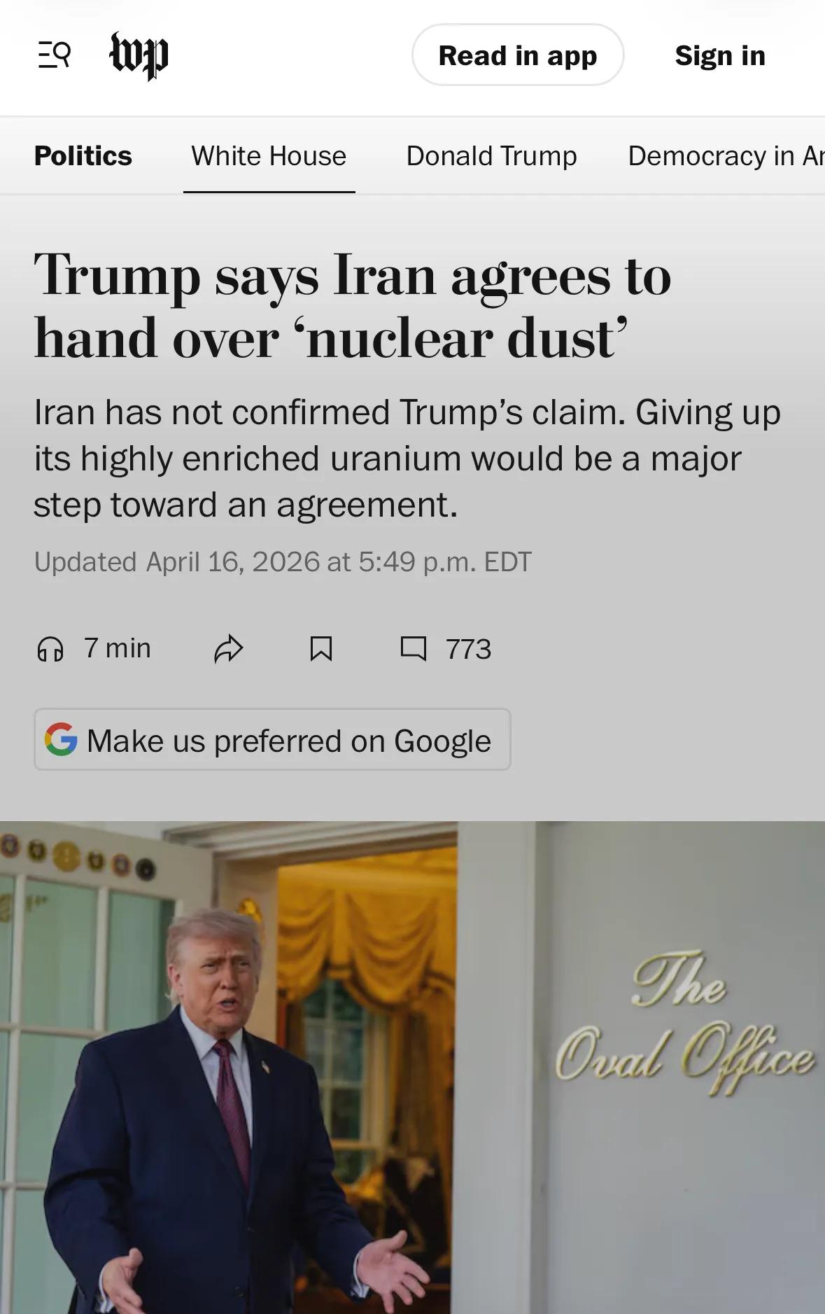 今天，美国总统特朗普表示，伊朗已“非常有力地同意”不拥有核武器，并称伊朗将把在此