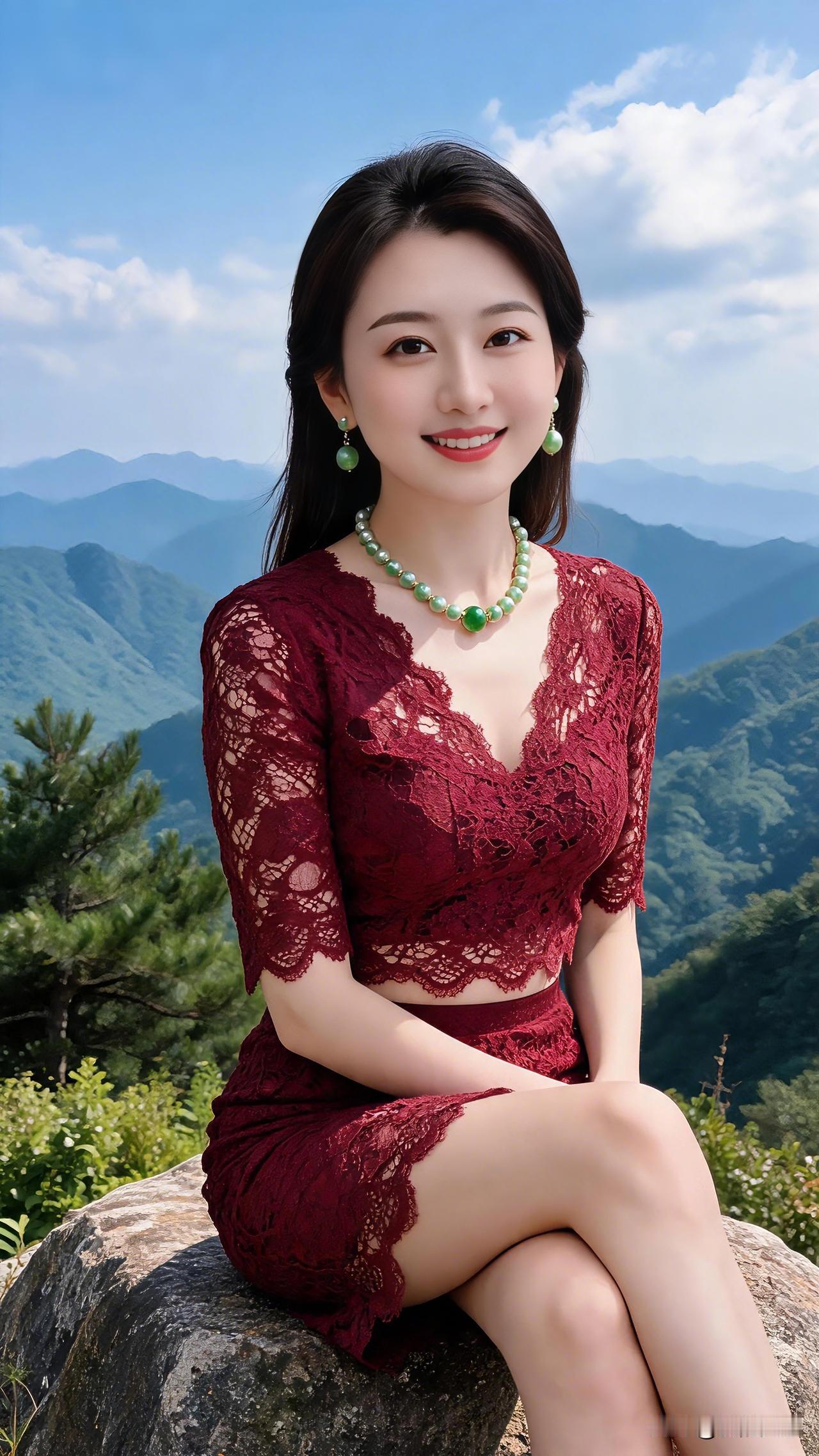 登高远眺，群山层叠，晴空云淡。酒红蕾丝裙衬出温婉大气，于山野之间留住一份从容优雅