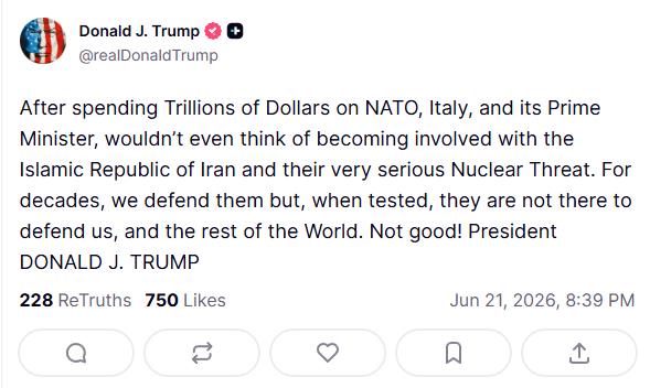 美国总统再次批评意大利总理乔治·梅洛尼在与伊朗的冲突中没有支持美国。
“在美国为