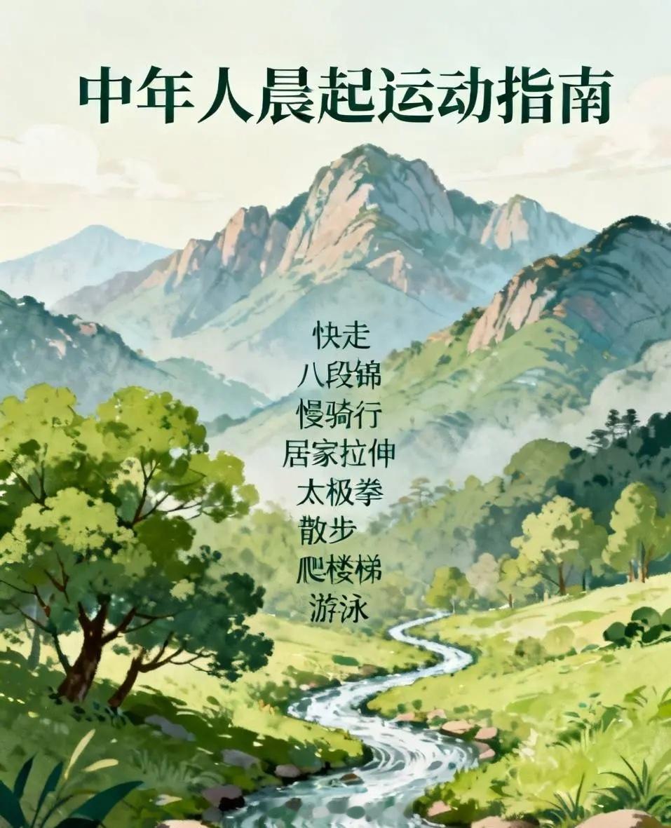 中年人晨起最好的运动方式有:一，快走二，八段锦三，慢骑行四，居家拉伸五，太极拳六