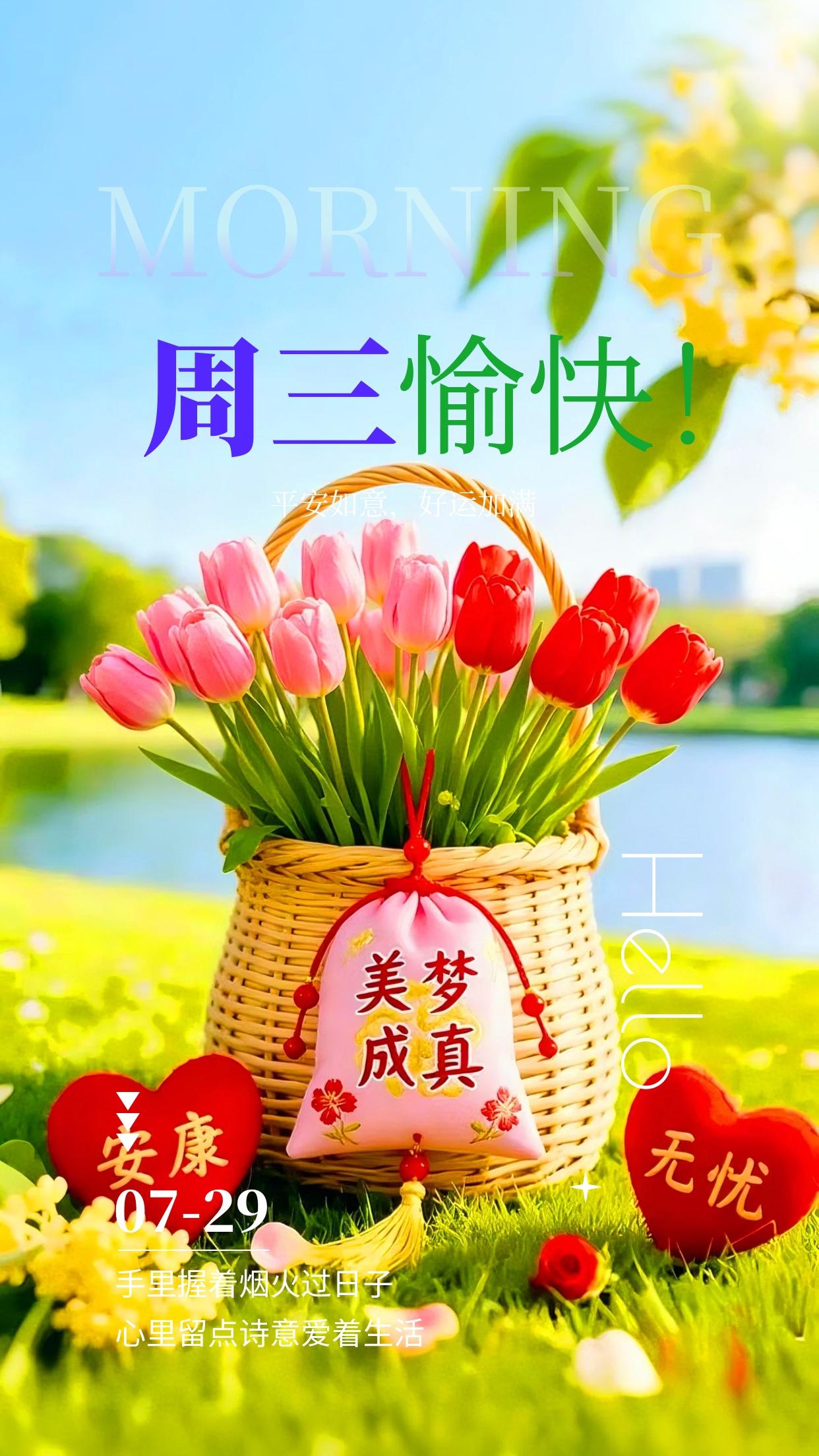 周三早安☀️，今日7月29日，农历六月十六。盛夏中伏暑气蒸腾，清晨出门记得常备温