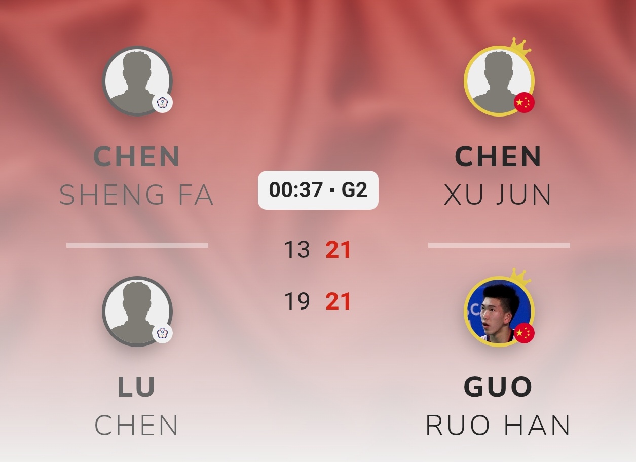 陈旭君/郭若涵🇨🇳 21-19、21-13 陈胜发/卢震男双决赛：陈旭君/郭