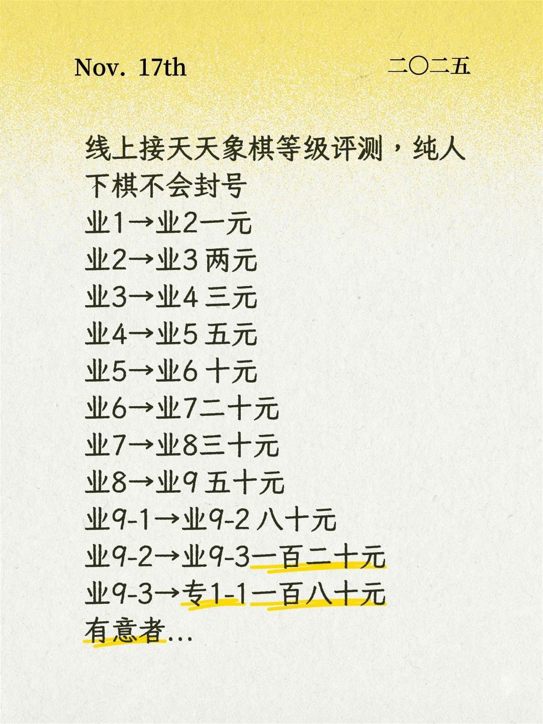 线上接天天象棋等级评测，纯人下棋不会封号
业1→业2一元
业2→业3 两元
业3