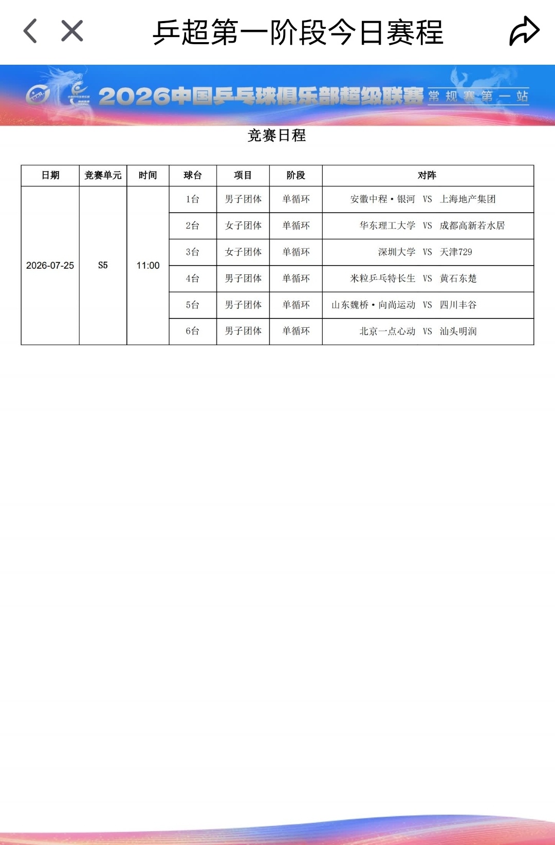 政在这里 🆚黄友政 📍2026年中国乒乓球超级联赛 常规赛第一站🏓赛程信息
