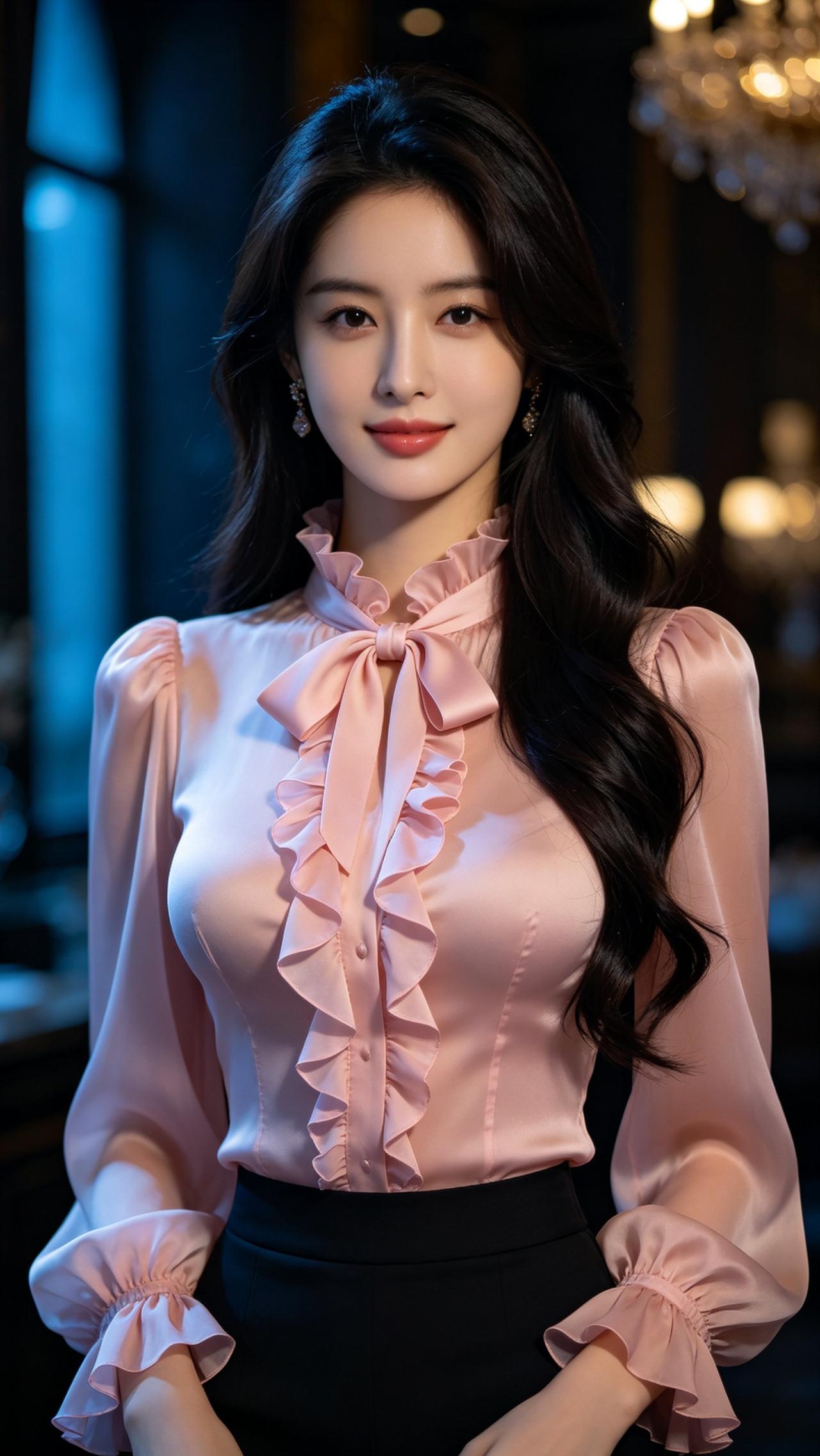 优雅粉裙，甜美蝴蝶结，精致妆容，气质女神。