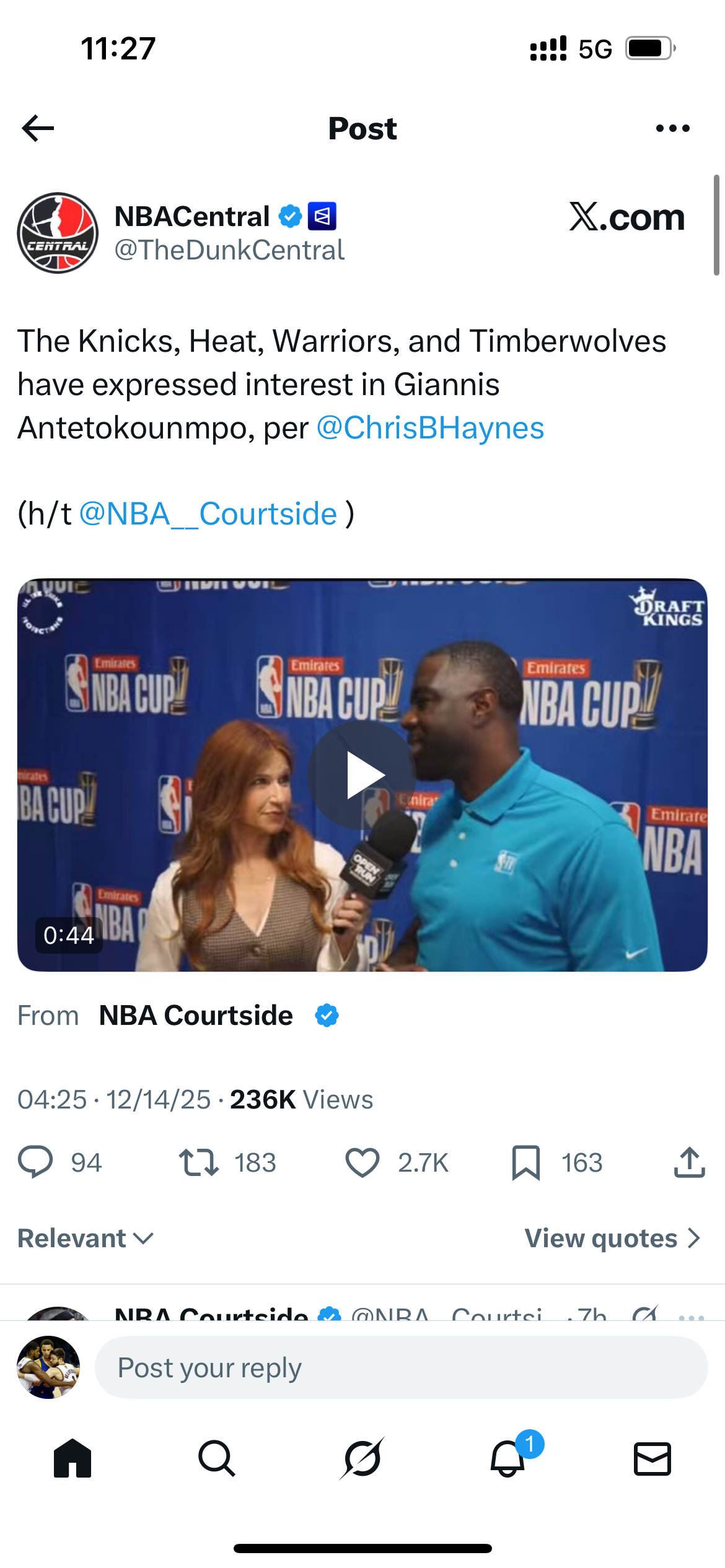 海耶斯说尼克斯，热火，勇士和森林狼对字母哥表达出来兴趣 