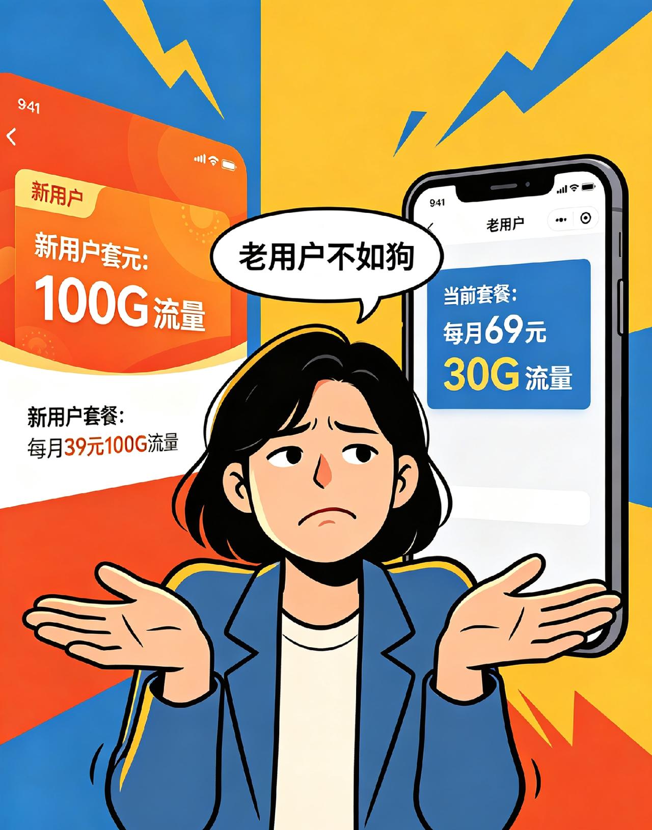 用了11年，每月雷打不动交159块。

今天才知道，新用户39块的套餐比我多30