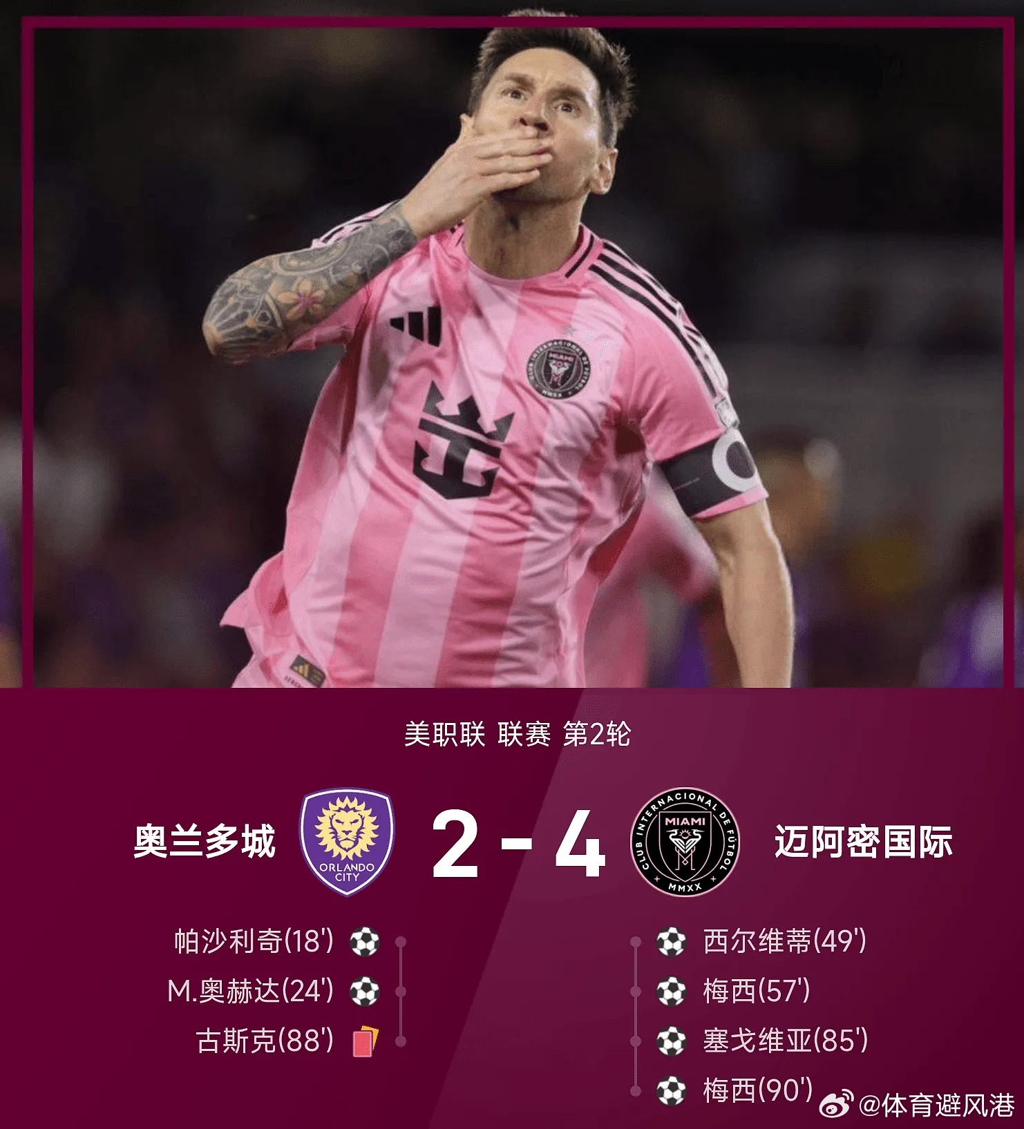 奥兰多城2比4迈阿密国际美职联每日足球推荐五大联赛 迈阿密国际以4-2逆转奥兰多