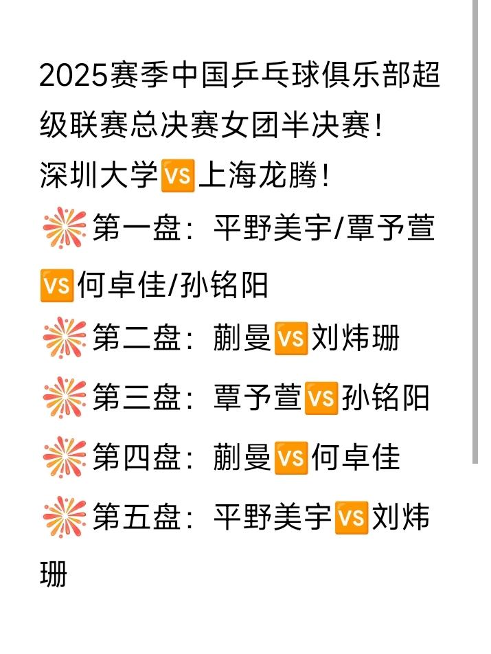 蒯曼一单出战！
何卓佳女双、单打出战！
2025年乒超联赛总决赛女团半决赛，深圳