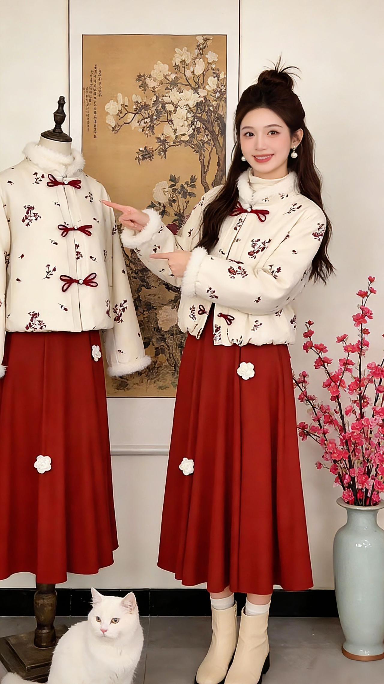 降温的周末，Danny换上这套复古加绒套装出门。米白外套上的红枝印花配手工盘扣，