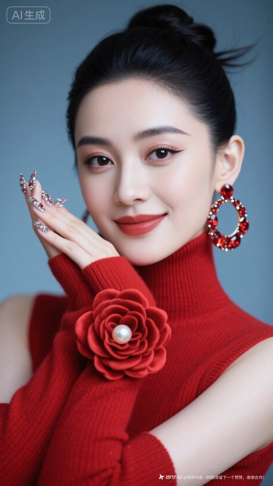 她穿红色高定羊绒无袖高领衫，饰手工钉珠山茶与南洋珍珠，配红色钻石圆环耳坠与碎钻美