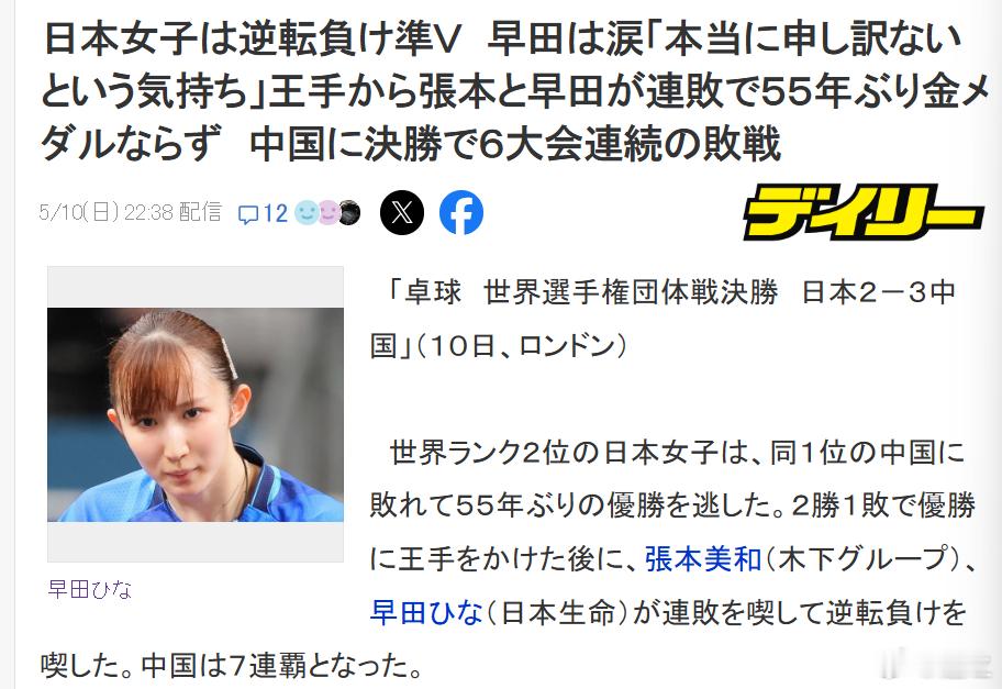 国乒女团7连冠中国女团vs日本话说就希娜长得像林黛玉，楚楚可怜的，每次都被打得梨