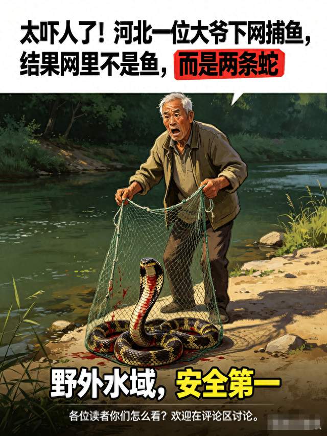 太吓人了！河北一位大爷下网捕鱼，结果网里不是鱼，而是两条蛇