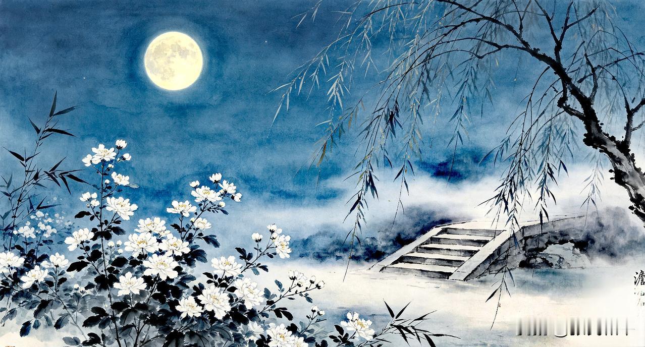 上联：澹月寒花淡荡情，
下联：疏风衰柳寂寥声。
 
简析：上联澹月映寒花，抒悠然