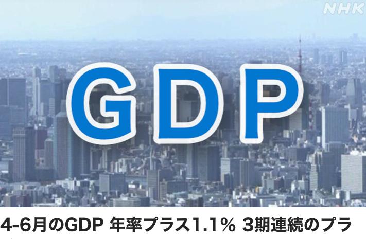 NHK报道：日本内阁府公布的数据显示，今年4月至6月的国内生产总值（GDP）较上