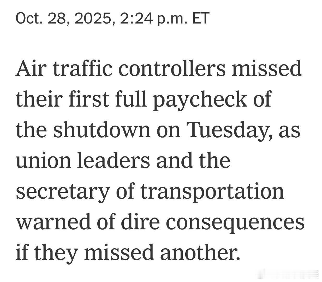 今天开始，空中交管员收不到工资但必须上班，因为是涉及公共安全的“基础岗位”此前，