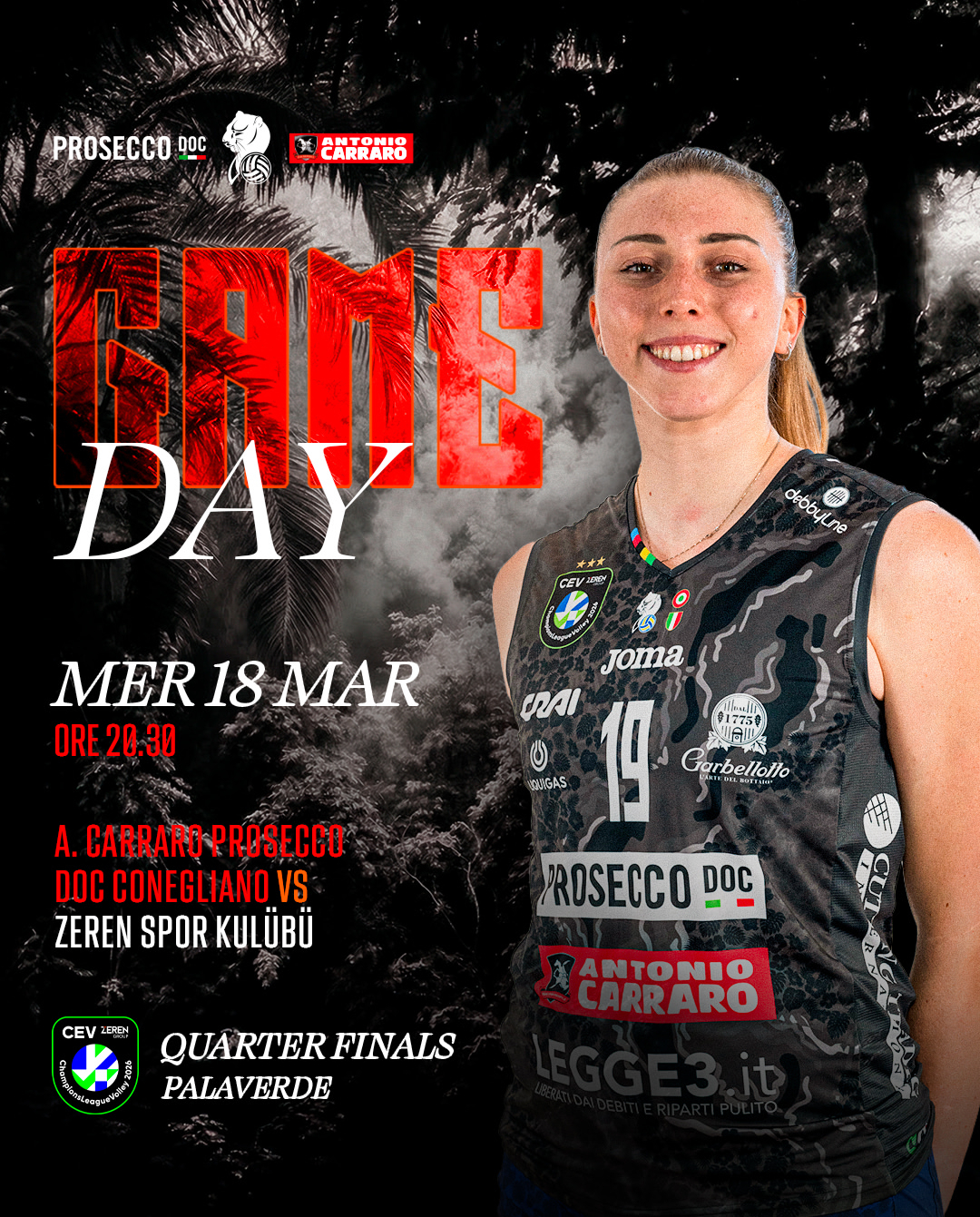 欧冠比赛日，明天凌晨3点30分，八进四第二回合，科内利亚诺主场VS泽仁体育！朱婷