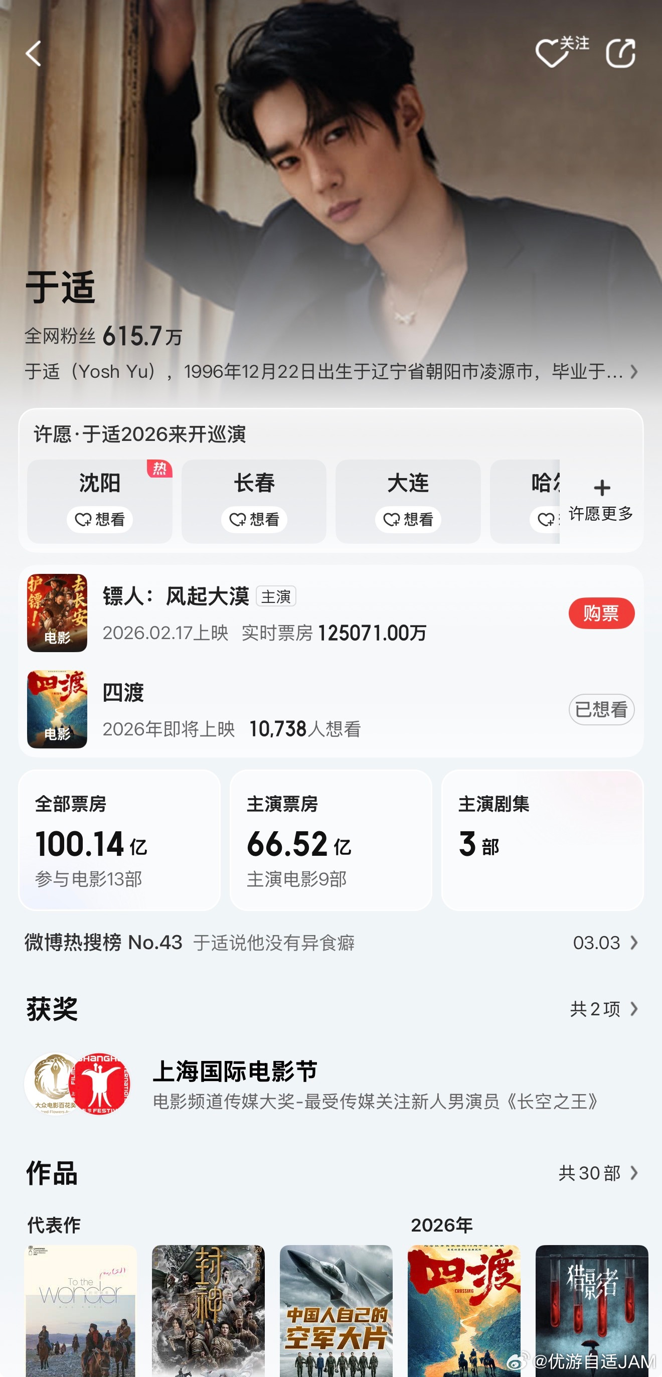 于适参演电影票房破100亿于适yosh 姬发、邓放、巴太、陈小舟、韩骁、竖每个角