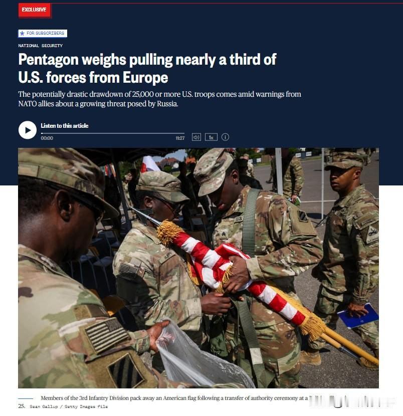 据美国全国广播公司️（NBC）报道，美国国防部正考虑大幅削减美国在欧洲的军事力量