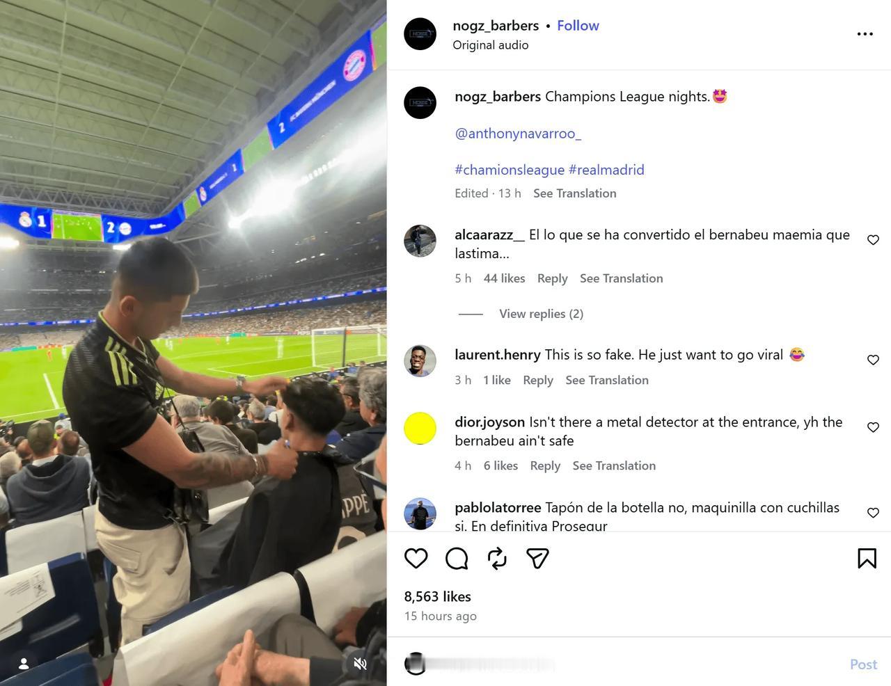 伯纳乌看台现离谱一幕，有人现场理发引发皇马球迷不满
04月09日讯，在足球界备受