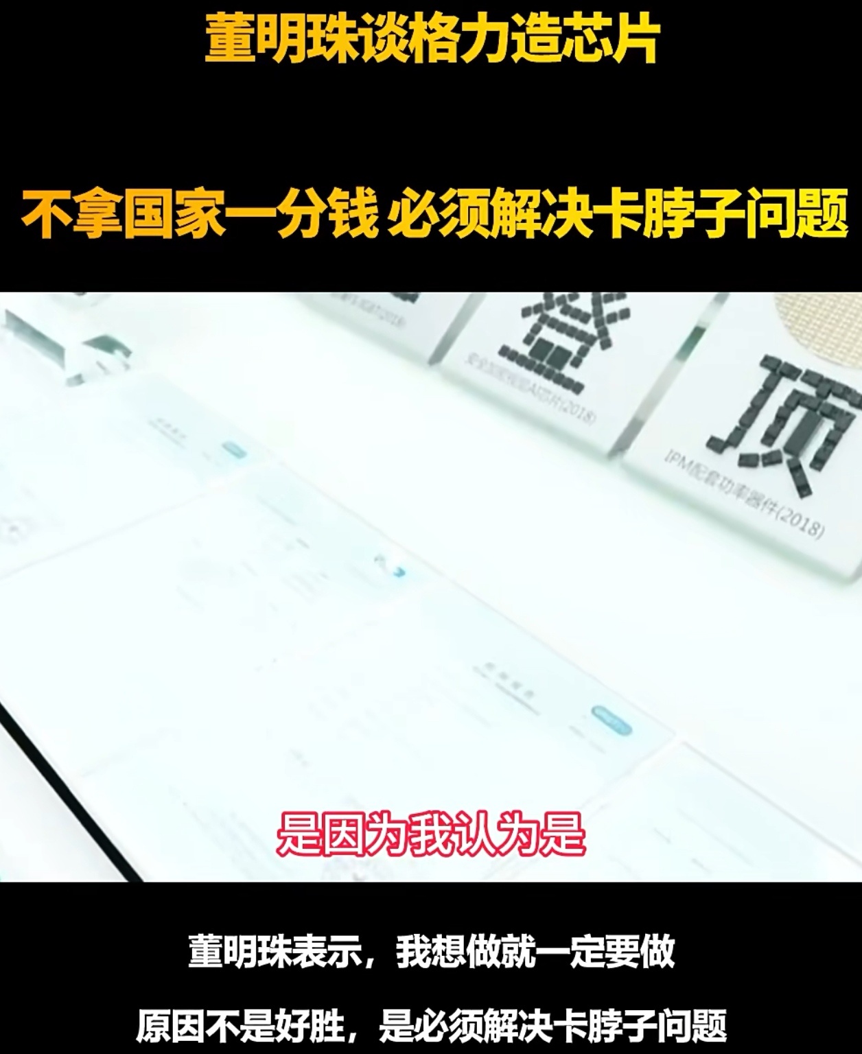 董明珠称做芯片没拿国家一分钱 芯片的种类很多，我们现在被卡脖子的是高制程的芯片，