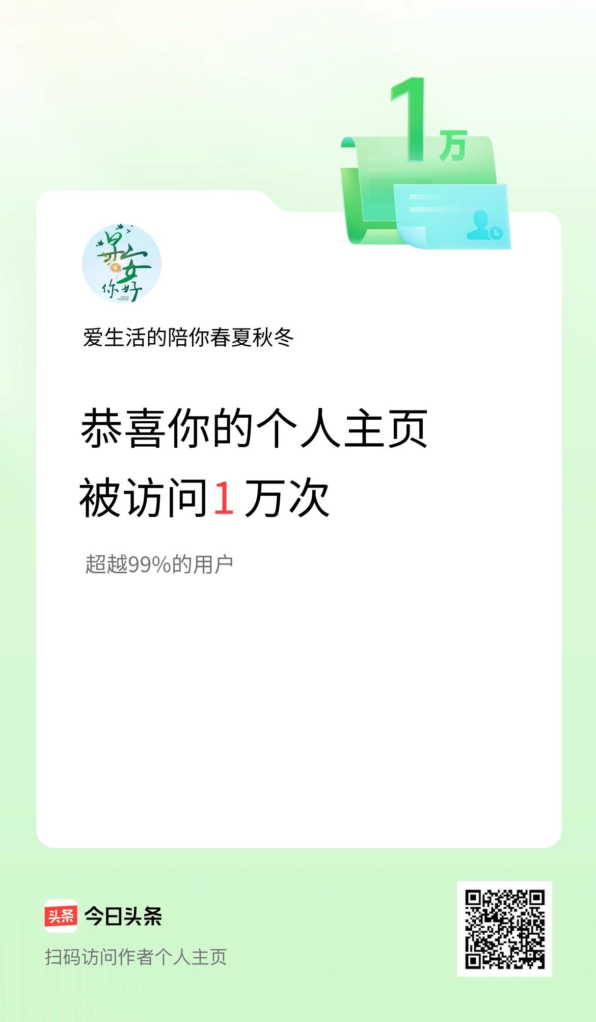 我的头条个人主页被访问1万次啦！