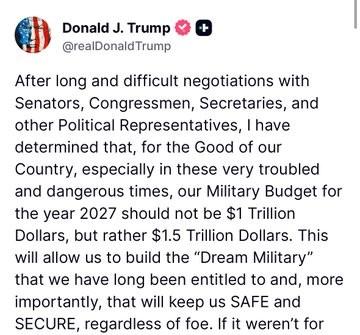 美国军费，1.5万亿美元！想干什么？

特朗普日前在社交媒体上发文，表示经过和参