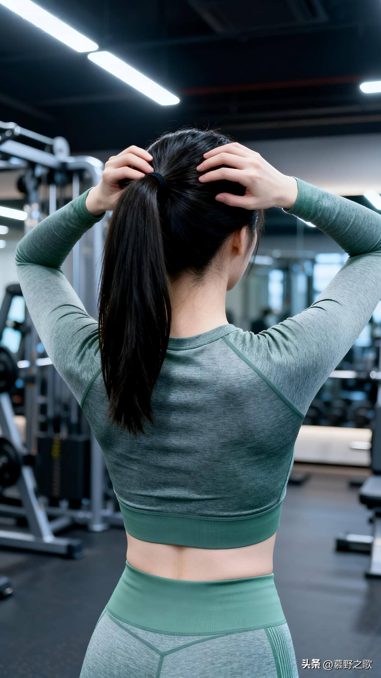 器械区的背影
 
背对着镜头，红色运动上衣和黑色紧身裤，在健身房的器械区显得格外