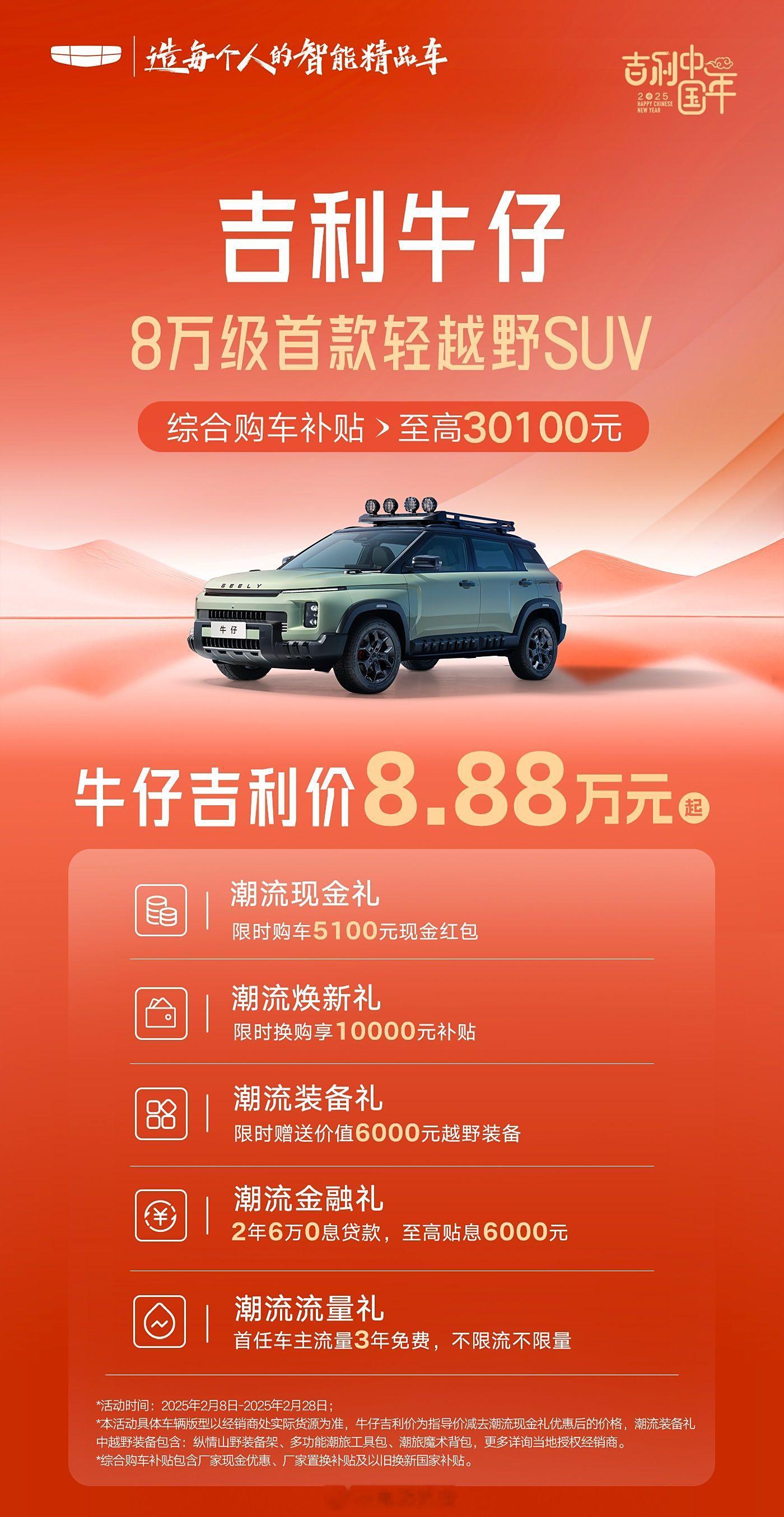 吉利牛仔至高补贴30100元  日前，吉利推出牛仔购车权益，限时8.88万元起售