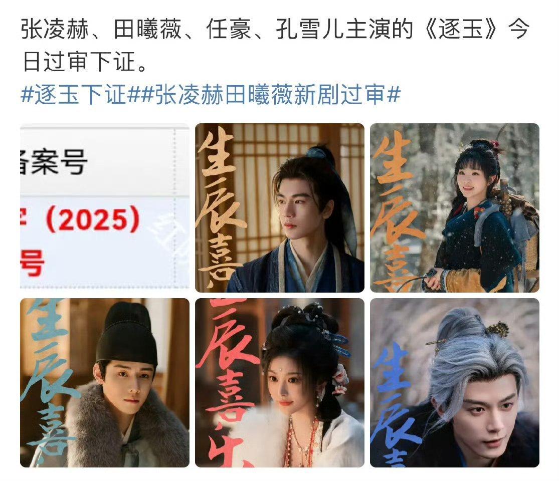 张凌赫、田曦薇、任豪、孔雪儿主演的《逐玉》今日过审下证 