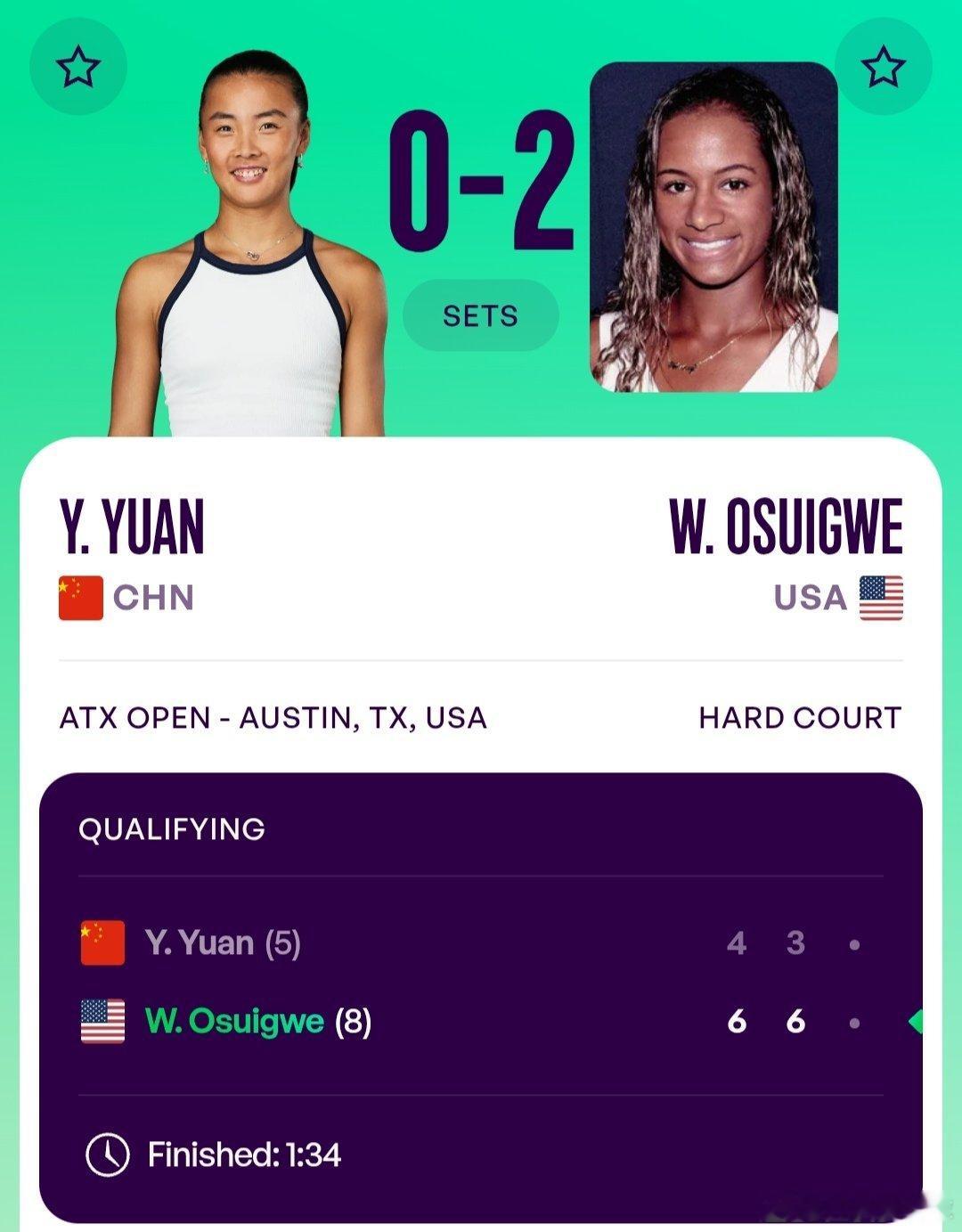 WTA250奥斯汀站🇺🇸资格赛决胜轮袁悦🇨🇳4-6/3-6不敌奥西格威?