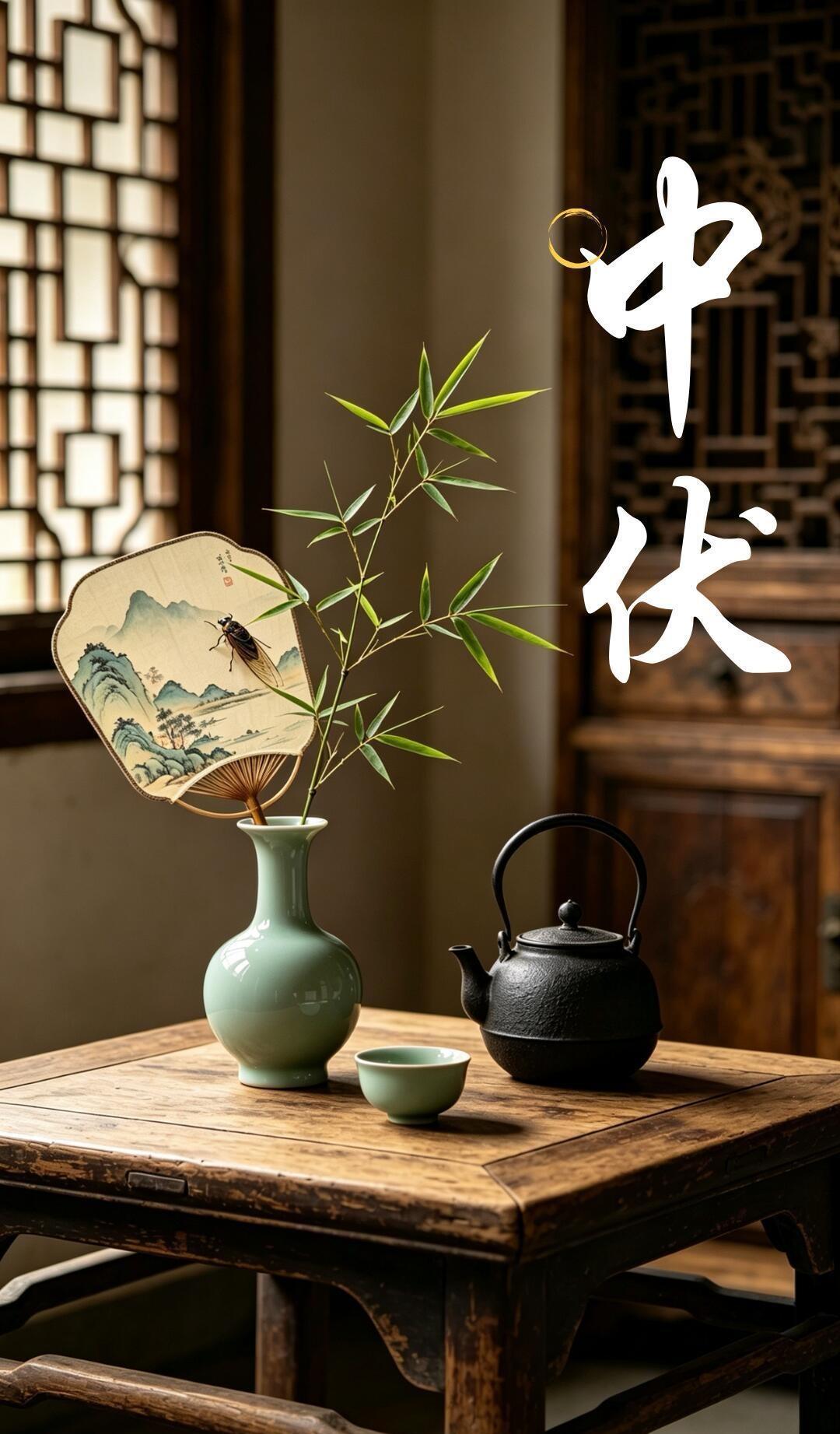 明日中伏，日子光照。风扇解暑气，清茶润希冀。愿你有一份好的心境，把盛夏过出独有的
