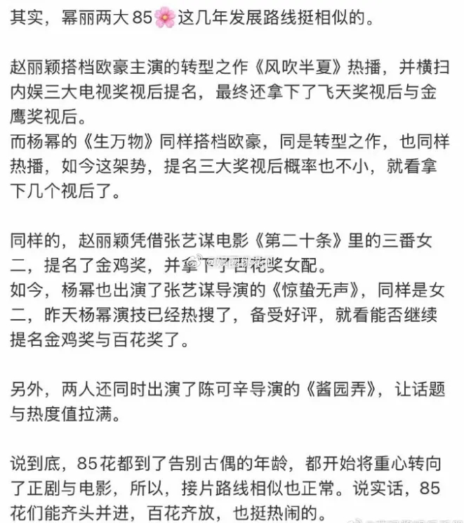 网友热议赵丽颖、杨幂转型路线高度重合：两人都有各自的电视剧转型代表作《风吹半夏》
