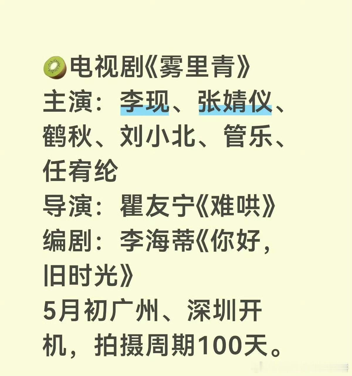 🥝李现、张婧仪的《雾里青》阵容还可以的导演：瞿友宁编剧：李海蒂其他主演：鹤秋、