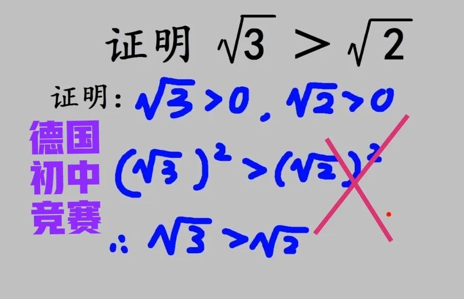 这是一道德国初中竞赛题：证明√3＞√2！
这不显然的吗？还要证明？图一的证明怎么